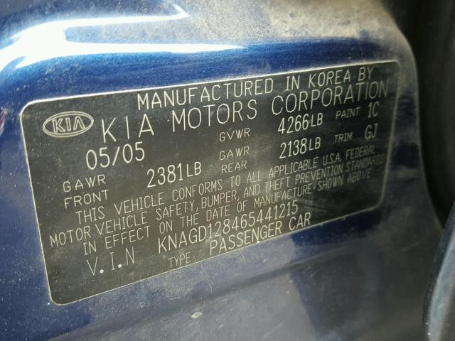 KNAGD128465441215 - 2006 KIA OPTIMA LX BLUE photo 10