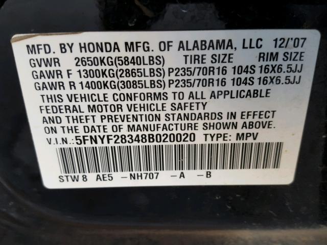 5FNYF28348B020020 - 2008 HONDA PILOT SE BLACK photo 10