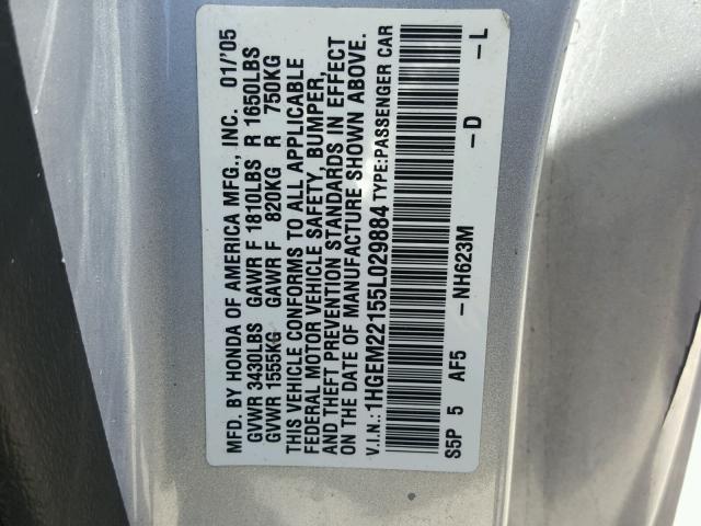 1HGEM22155L029884 - 2005 HONDA CIVIC DX V SILVER photo 10