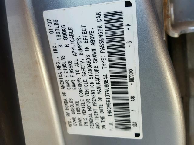 1HGCM56137A088644 - 2007 HONDA ACCORD VAL SILVER photo 10