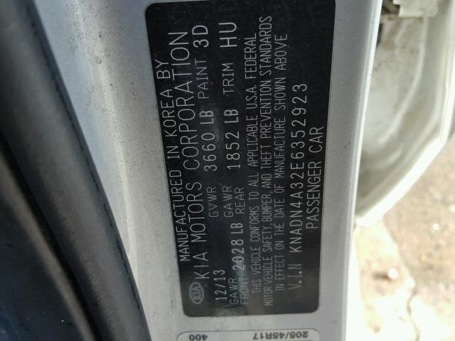 KNADN4A32E6352923 - 2014 KIA RIO EX SILVER photo 10