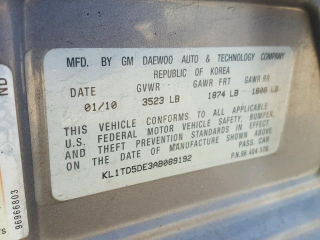 KL1TD5DE3AB089192 - 2010 CHEVROLET AVEO LS 灰色 照片 10