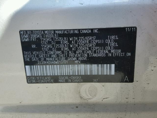 2T3YK4DV4BW013701 - 2011 TOYOTA RAV4 LIMIT SILVER photo 10