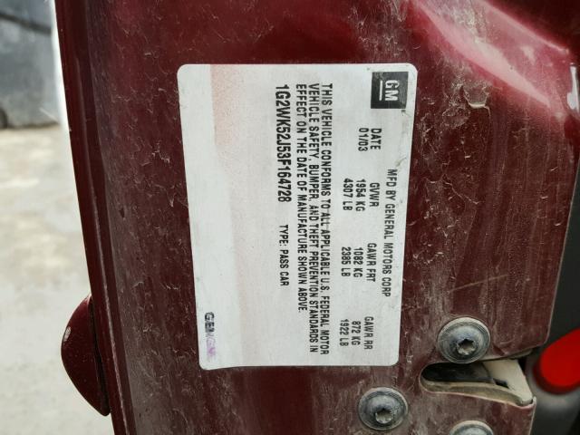 1G2WK52J53F164728 - 2003 PONTIAC GRAND PRIX MAROON photo 10