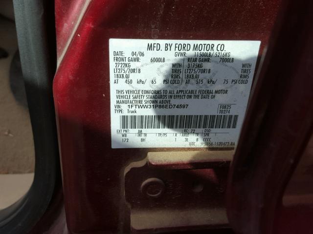 1FTWW31P86ED74597 - 2006 FORD F350 SRW S MAROON photo 10