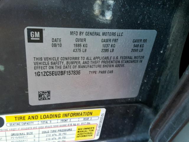 1G1ZC5EU2BF157836 - 2011 CHEVROLET MALIBU 1LT 灰色 照片 10