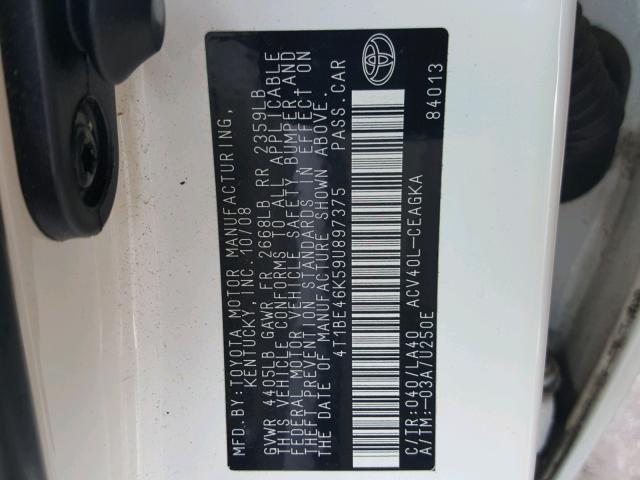 4T1BE46K59U897375 - 2009 TOYOTA CAMRY BASE WHITE photo 10