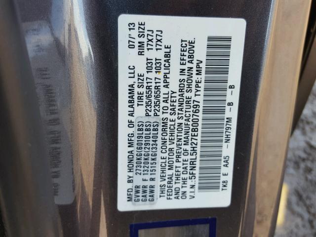 5FNRL5H27EB007697 - 2014 HONDA ODYSSEY LX GRAY photo 10