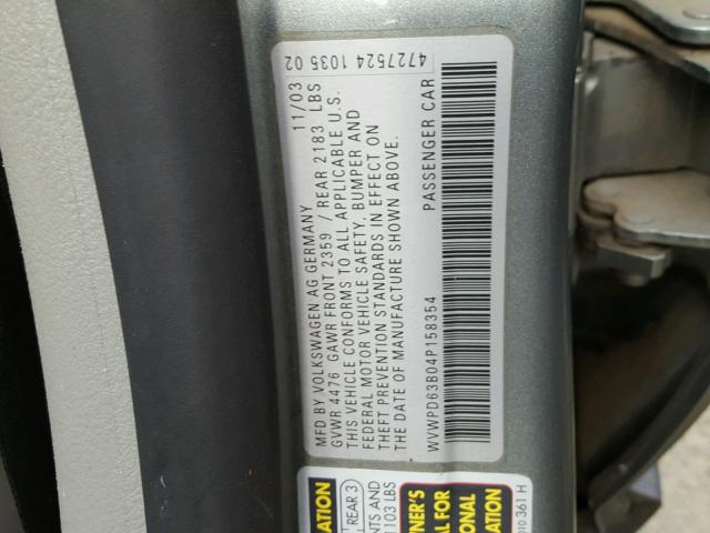 WVWPD63B04P158354 - 2004 VOLKSWAGEN PASSAT GLS GRAY photo 10