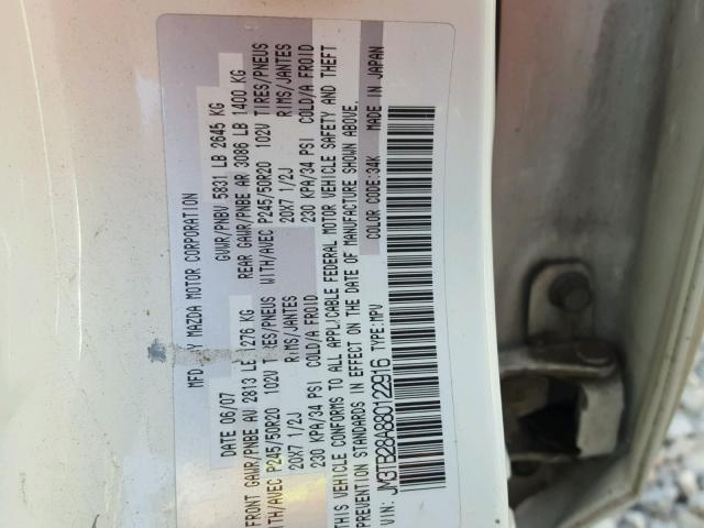 JM3TB28A880122916 - 2008 MAZDA CX-9 WHITE photo 10