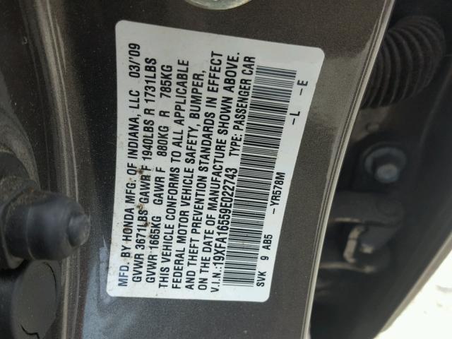 19XFA16559E022743 - 2009 HONDA CIVIC LX GRAY photo 10