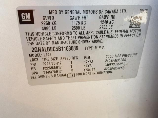 2GNALBEC5B1163686 - 2011 CHEVROLET EQUINOX LS SILVER photo 10