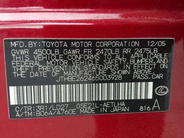 JTHBE262465003928 - 2006 LEXUS IS 350 MAROON photo 10