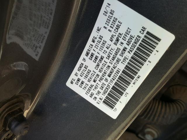 1HGCR2F71FA002881 - 2015 HONDA ACCORD EX GRAY photo 10