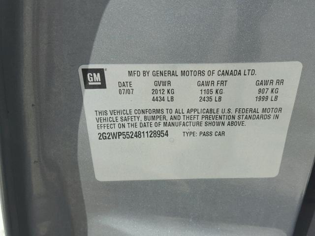 2G2WP552481128954 - 2008 PONTIAC GRAND PRIX GRAY photo 10