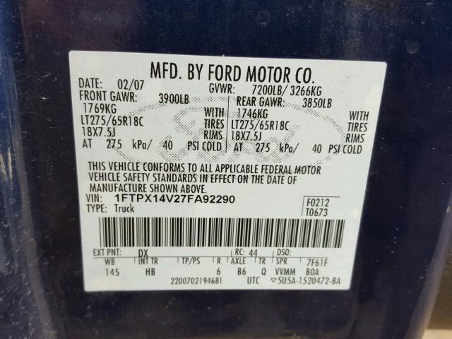 1FTPX14V27FA92290 - 2007 FORD F150 BLUE photo 10