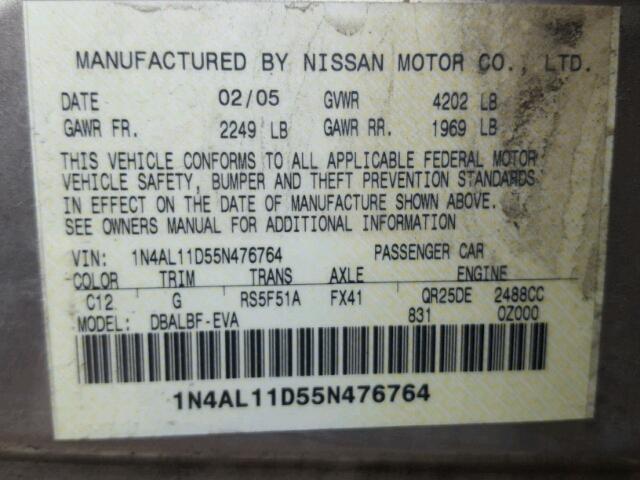 1N4AL11D55N476764 - 2005 NISSAN ALTIMA S TAN photo 10