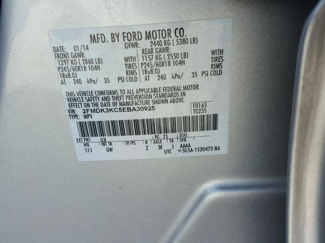 2FMDK3KC5EBA30925 - 2014 FORD EDGE LIMIT SILVER photo 10