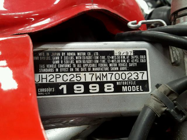 JH2PC2517WM700237 - 1998 HONDA CBR600 F3 RED photo 10