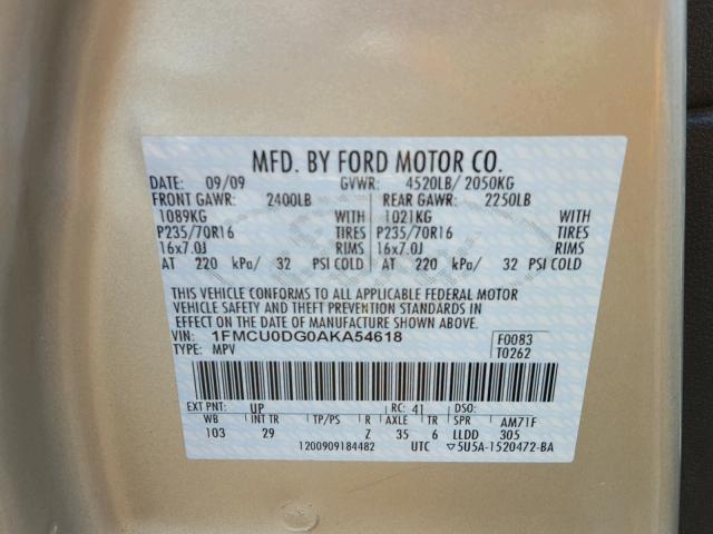 1FMCU0DG0AKA54618 - 2010 FORD ESCAPE XLT TAN photo 10