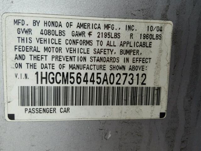 1HGCM56445A027312 - 2005 HONDA ACCORD LX SILVER photo 10