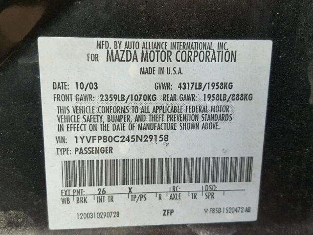 1YVFP80C245N29158 - 2004 MAZDA 6 I CHARCOAL photo 10