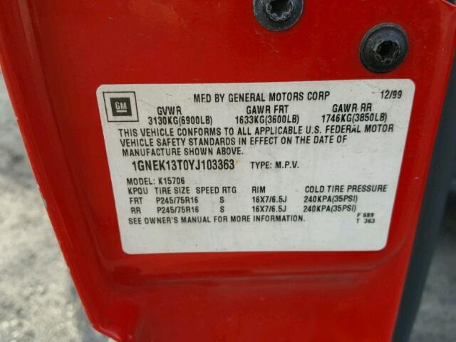 1GNEK13T0YJ103363 - 2000 CHEVROLET TAHOE K150 RED photo 10