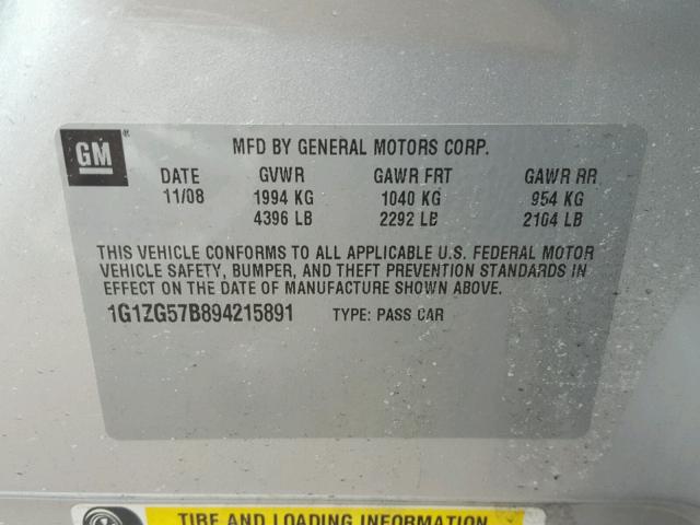 1G1ZG57B894215891 - 2009 CHEVROLET MALIBU LS 银色 照片 10