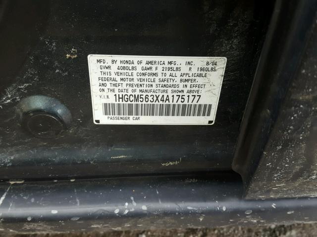 1HGCM563X4A175177 - 2004 HONDA ACCORD LX GRAY photo 10