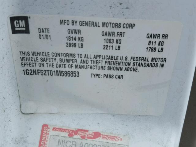 1G2NF52T01M586853 - 2001 PONTIAC GRAND AM S WHITE photo 10