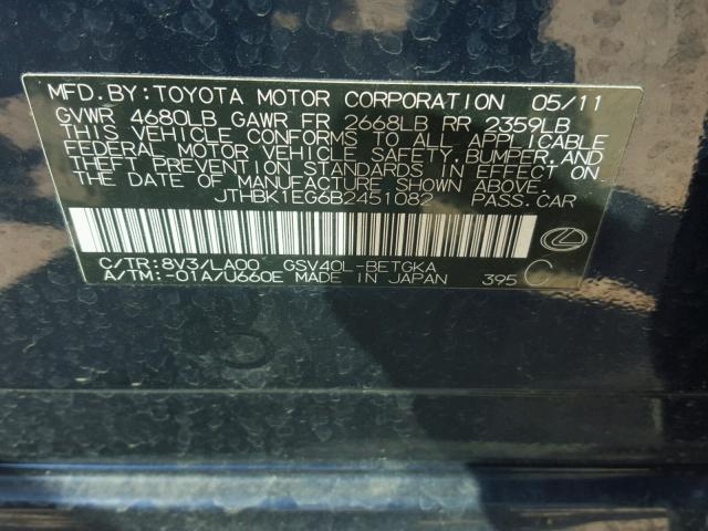 JTHBK1EG6B2451082 - 2011 LEXUS ES 350 BLUE photo 10