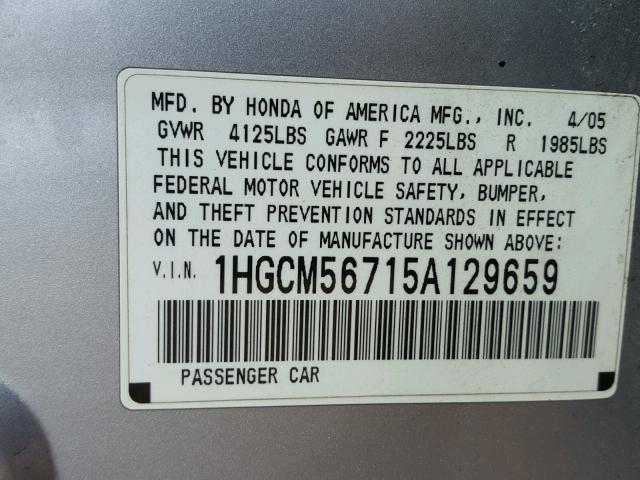 1HGCM56715A129659 - 2005 HONDA ACCORD EX SILVER photo 10