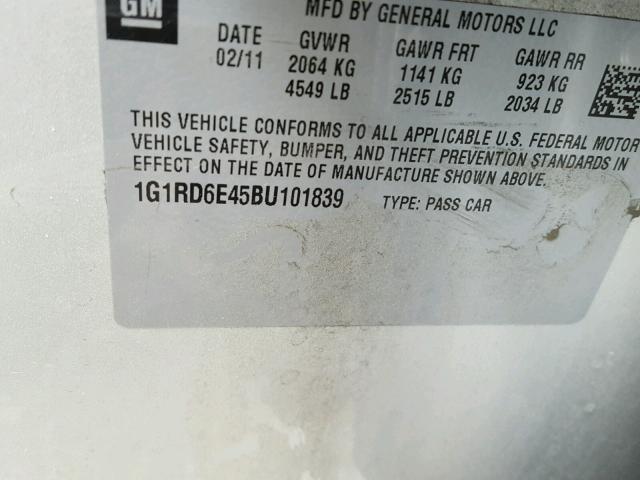 1G1RD6E45BU101839 - 2011 CHEVROLET VOLT GRAY photo 10