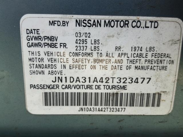 JN1DA31A42T323477 - 2002 NISSAN MAXIMA GLE GREEN photo 10