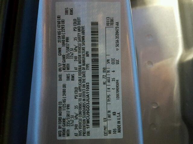 1FMCU9GD3JUA11093 - 2018 FORD ESCAPE SE SILVER photo 10