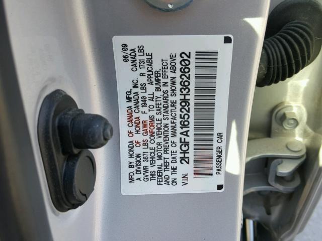 2HGFA16529H362602 - 2009 HONDA CIVIC LX SILVER photo 10