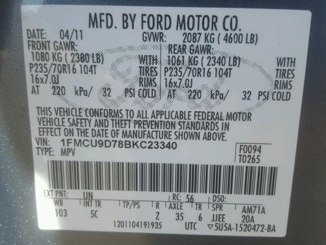 1FMCU9D78BKC23340 - 2011 FORD ESCAPE XLT BLUE photo 10