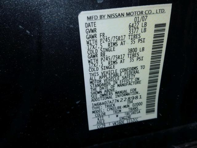 1N6BA07A77N228981 - 2007 NISSAN TITAN XE GRAY photo 10