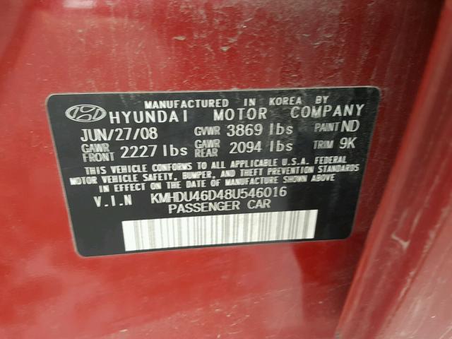 KMHDU46D48U546016 - 2008 HYUNDAI ELANTRA GL RED photo 10