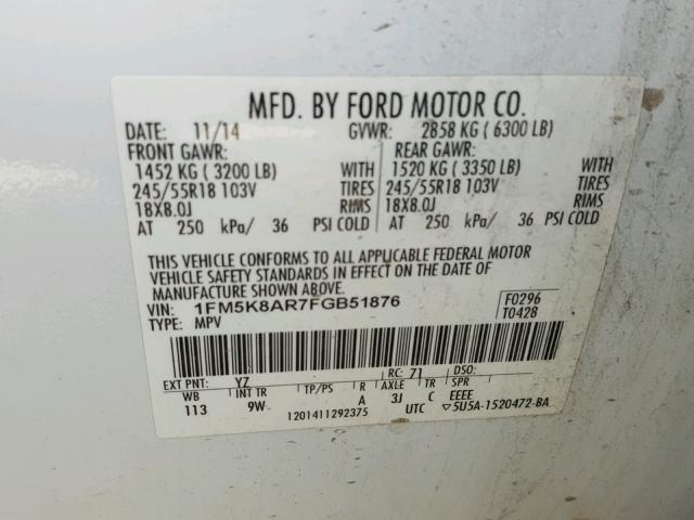 1FM5K8AR7FGB51876 - 2015 FORD EXPLORER P WHITE photo 10