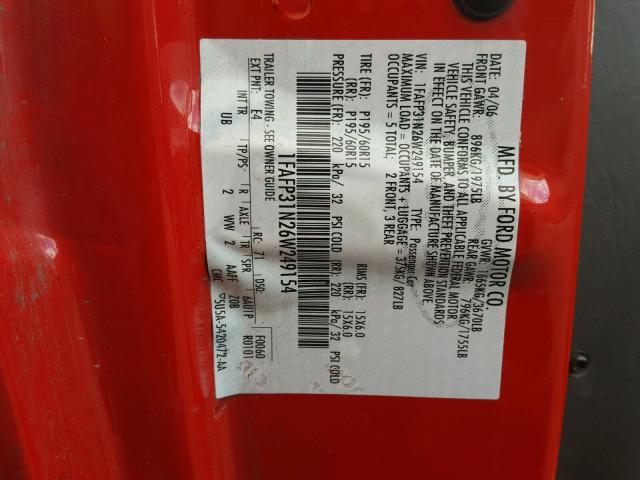 1FAFP31N26W249154 - 2006 FORD FOCUS ZX3 RED photo 10