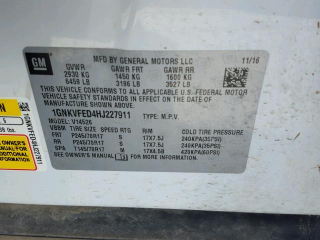 1GNKVFED4HJ227911 - 2017 CHEVROLET TRAVERSE L WHITE photo 10