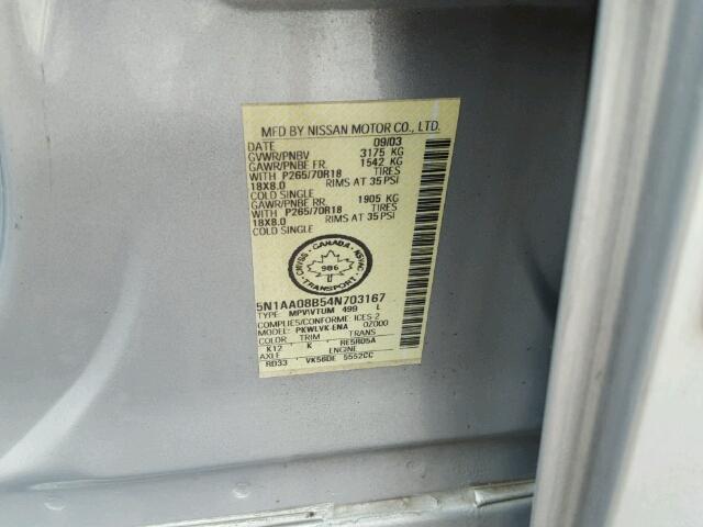 5N1AA08B54N703167 - 2004 NISSAN ARMADA SE SILVER photo 10