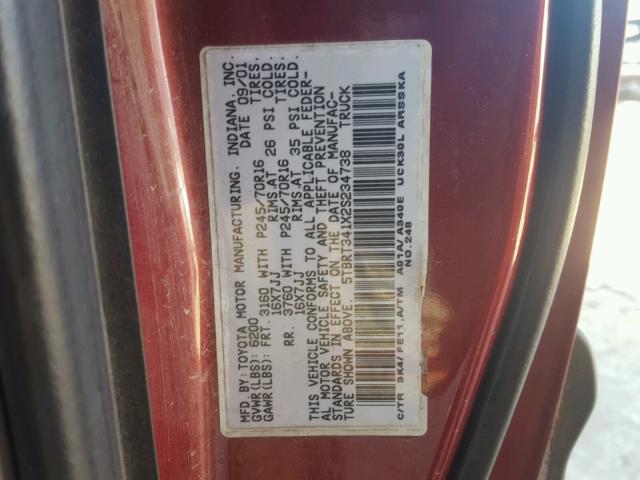 5TBRT341X2S234738 - 2002 TOYOTA TUNDRA ACC BURGUNDY photo 10