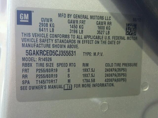 5GAKRCED5CJ355631 - 2012 BUICK ENCLAVE SILVER photo 10