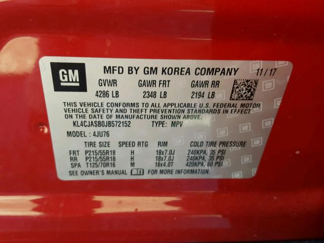 KL4CJASB0JB572152 - 2018 BUICK ENCORE PRE RED photo 10