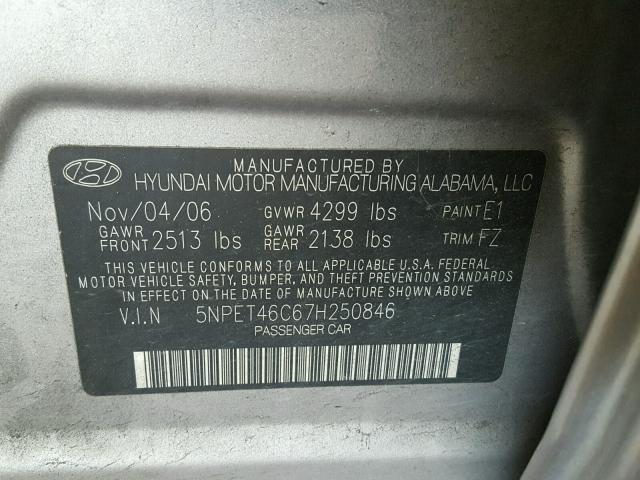 5NPET46C67H250846 - 2007 HYUNDAI SONATA GLS GRAY photo 10