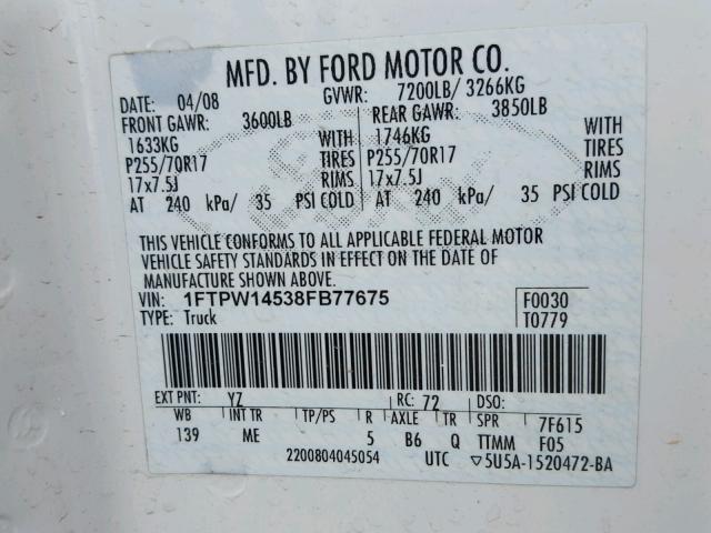 1FTPW14538FB77675 - 2008 FORD F150 SUPER WHITE photo 10