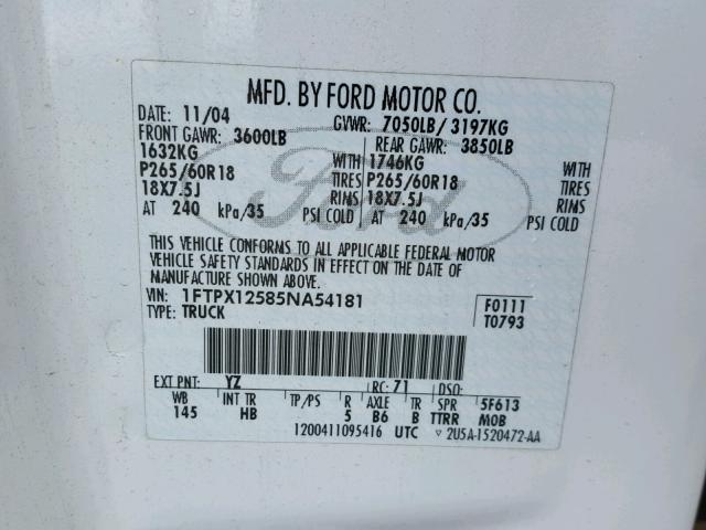 1FTPX12585NA54181 - 2005 FORD F150 WHITE photo 10