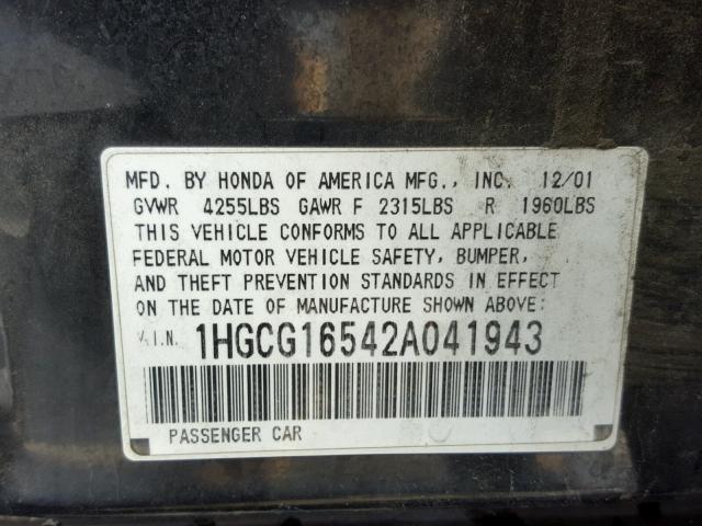 1HGCG16542A041943 - 2002 HONDA ACCORD EX BLACK photo 10